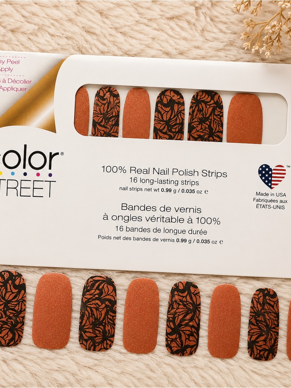 Color Street Copper Glitter & Black Floral Nail Strips